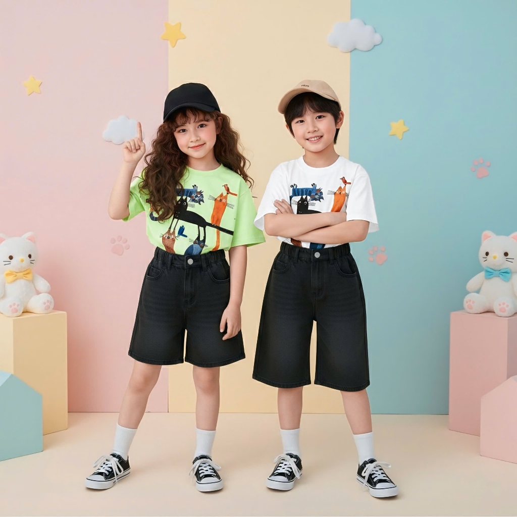 Áo Thun Trẻ Em Mirage Họa Tiết Bé Mèo Đáng Yêu Chất 100% Cotton Cao Cấp.
