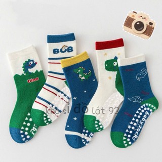 Set 5 Đôi Tất Cho Bé Cotton Khủng Long Xanh BCB Cao Cổ Có Kèm Chống Trượt Dino Te122