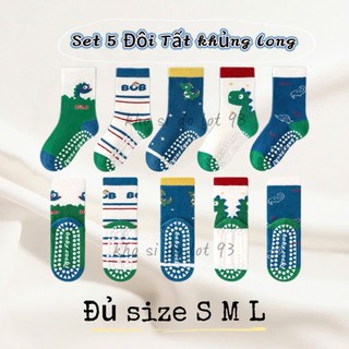 Set 5 Đôi Tất Cho Bé Cotton Khủng Long Xanh BCB Cao Cổ Có Kèm Chống Trượt Dino Te122