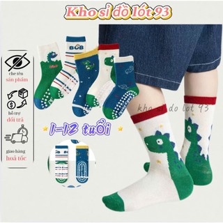 Set 5 Đôi Tất Cho Bé Cotton Khủng Long Xanh BCB Cao Cổ Có Kèm Chống Trượt Dino Te122