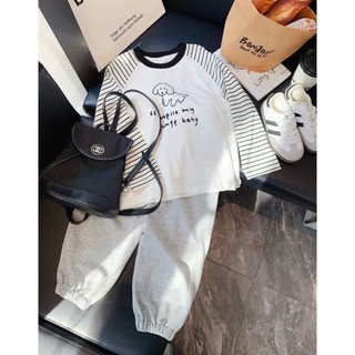 [B&G] Sét bộ thu đông Áo tay dài kẻ sọc phối Quần jogger xám chất thun cotton cho bé gái từ 10-45kg
