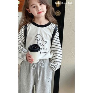 [B&G] Sét bộ thu đông Áo tay dài kẻ sọc phối Quần jogger xám chất thun cotton cho bé gái từ 10-45kg
