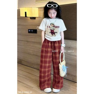 [B&G] Sét bộ áo thun trắng kèm quần dài cotton kẻ màu đỏ cho bé gái từ 10-45kg(2-12 tuổi)