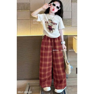 [B&G] Sét bộ áo thun trắng kèm quần dài cotton kẻ màu đỏ cho bé gái từ 10-45kg(2-12 tuổi)