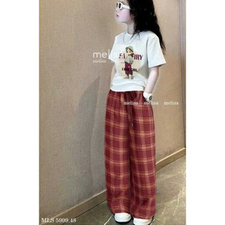 [B&G] Sét bộ áo thun trắng kèm quần dài cotton kẻ màu đỏ cho bé gái từ 10-45kg(2-12 tuổi)