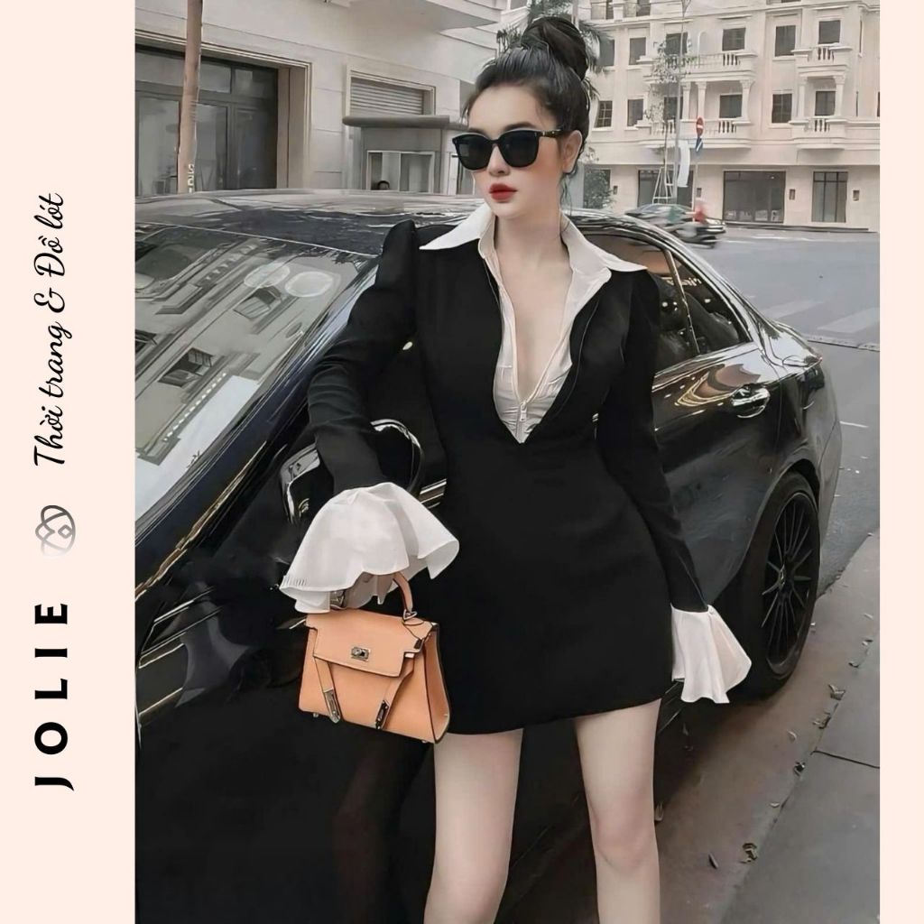 Đầm Thiết Kế Dáng Blazer Ngắn Phối Cổ Sơ Mi và Tay Loe Quyến Rũ