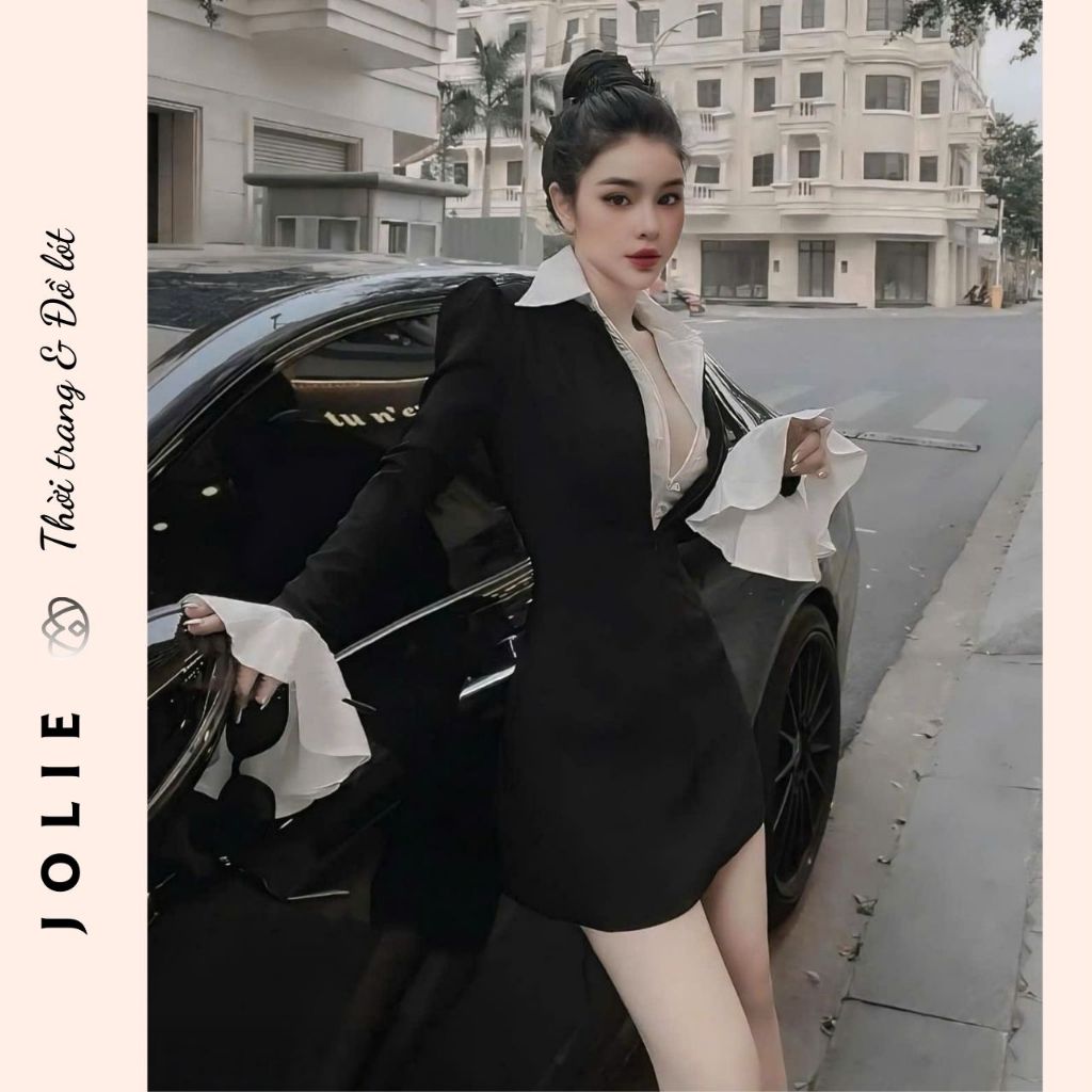 Đầm Thiết Kế Dáng Blazer Ngắn Phối Cổ Sơ Mi và Tay Loe Quyến Rũ
