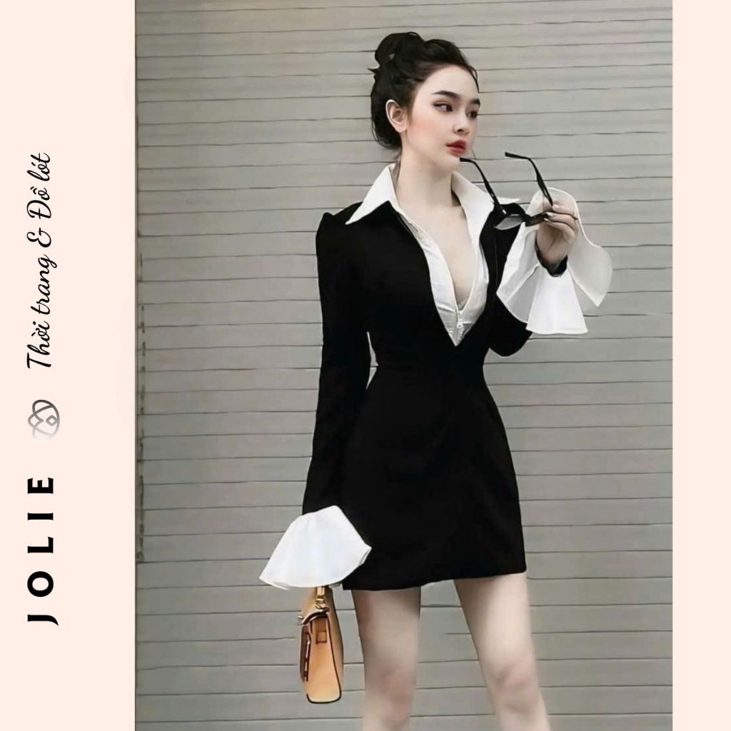 Đầm Thiết Kế Dáng Blazer Ngắn Phối Cổ Sơ Mi và Tay Loe Quyến Rũ