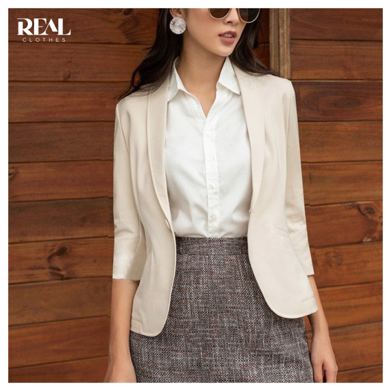 Blazer công sở dáng ngắn tay lửng cơ bản REAL CLOTHES (tổng hợp màu), ít nhăn, dễ phối đồ