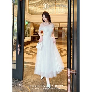 Váy Trắng Trễ Vai Dáng Dài Mặc Đi Tiệc, Đám Cưới LA ROSA Chất Ren Phối Lưới Đính Đá Cao Cấp T98-SX