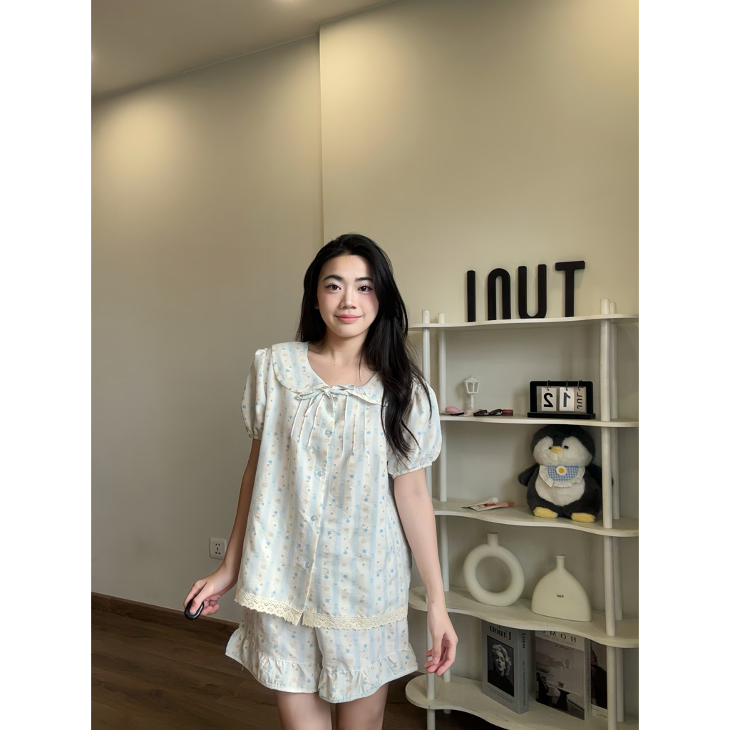 Bộ Ngủ Nữ Tiểu Thư Cổ Sen Vải Đũi Vân In Hoạ Tiết Mùa Hè Women Quần Ngủ Áo Ngủ Tuni.studio CSR01
