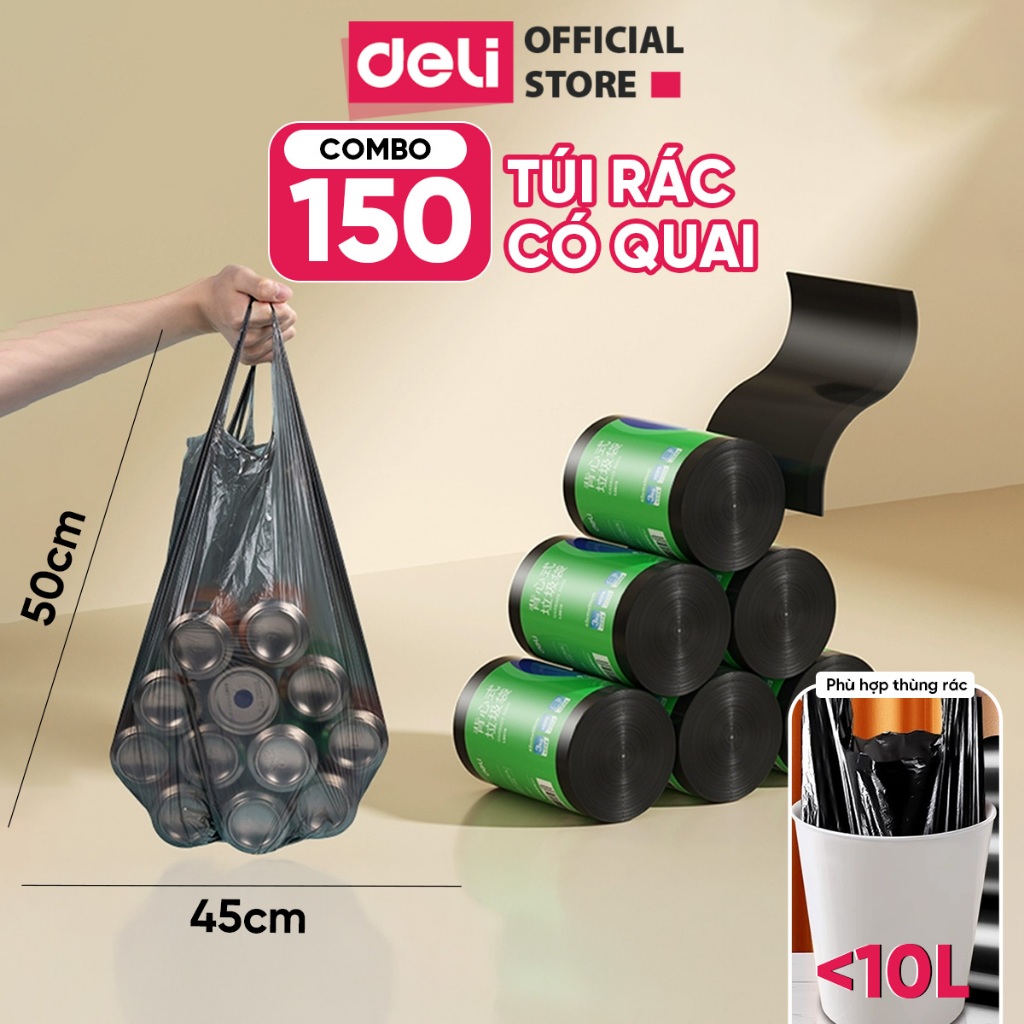 COMBO 3 Cuộn 150 Túi Rác Đen Có Quai Deli Dày Dặn, Dai, Không Rò Rỉ cho thùng rác 10L 25L 50L Gia Đình/Văn Phòng