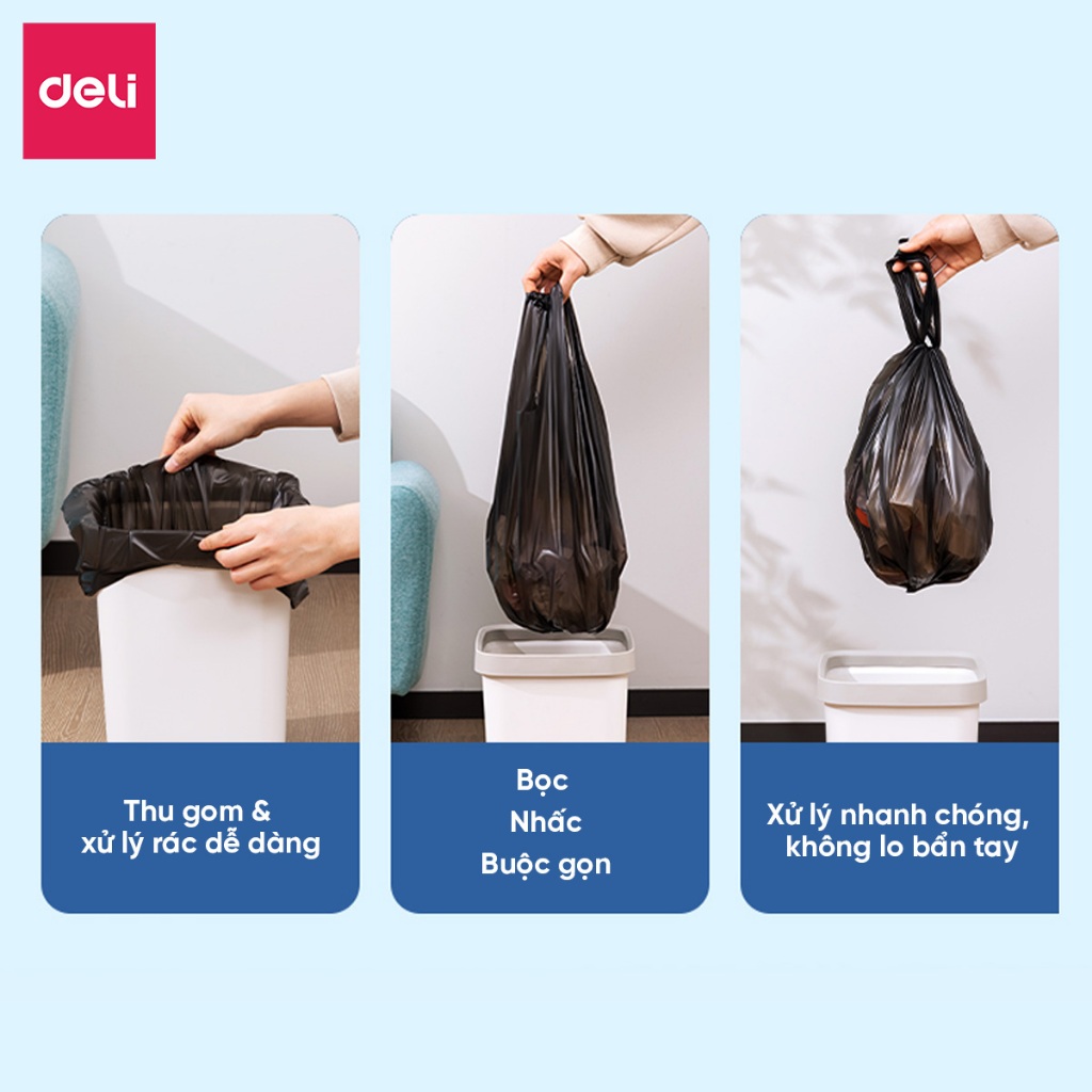 COMBO 3 Cuộn 150 Túi Rác Đen Có Quai Deli Dày Dặn, Dai, Không Rò Rỉ cho thùng rác 10L 25L 50L Gia Đình/Văn Phòng