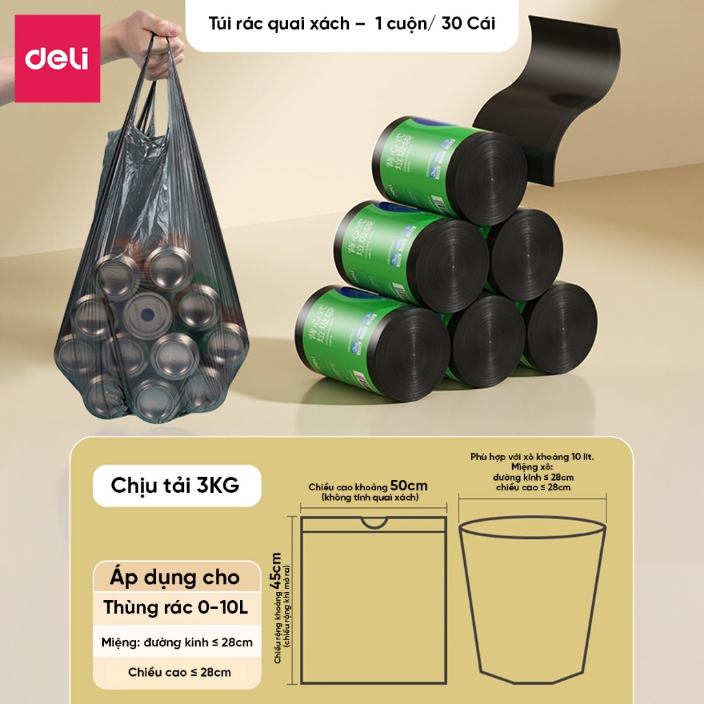 COMBO 3 Cuộn 150 Túi Rác Đen Có Quai Deli Dày Dặn, Dai, Không Rò Rỉ cho thùng rác 10L 25L 50L Gia Đình/Văn Phòng