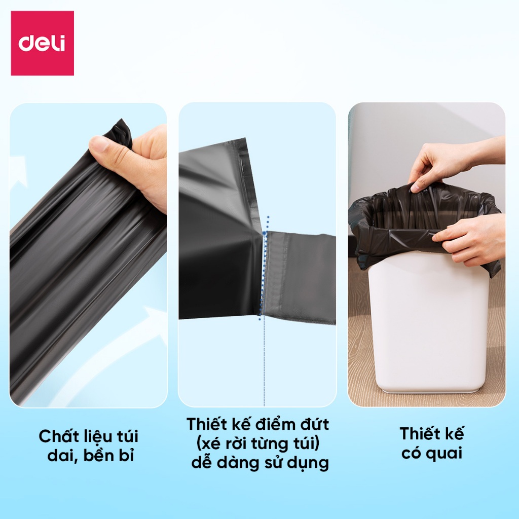 COMBO 3 Cuộn 150 Túi Rác Đen Có Quai Deli Dày Dặn, Dai, Không Rò Rỉ cho thùng rác 10L 25L 50L Gia Đình/Văn Phòng