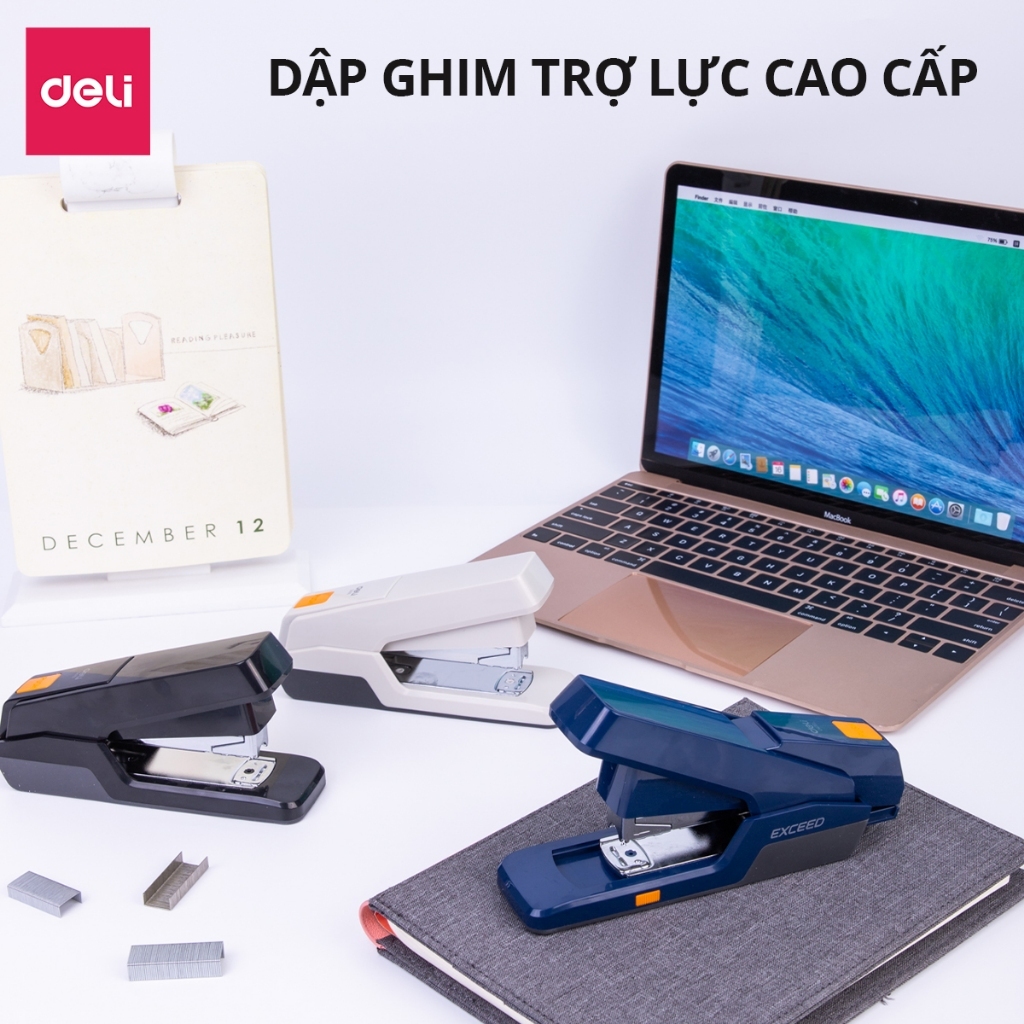 Dập ghim trợ lực kim bấm số 12 học sinh văn phòng Deli 50 trang, giảm 70% lực, không tốn sức, nhỏ gọn, tiện lợi