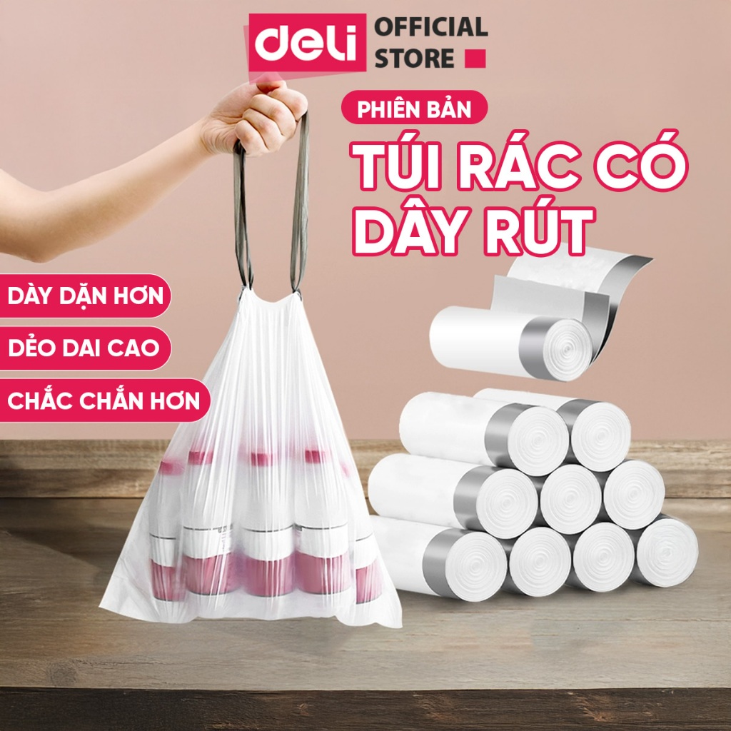 Cuộn Túi Rác Dây Rút Deli Chất Liệu Dày Dặn, Dai, Không Rò Rỉ Chống Rách cho thùng rác 10L 15L 20L Gia Đình/Văn Phòng