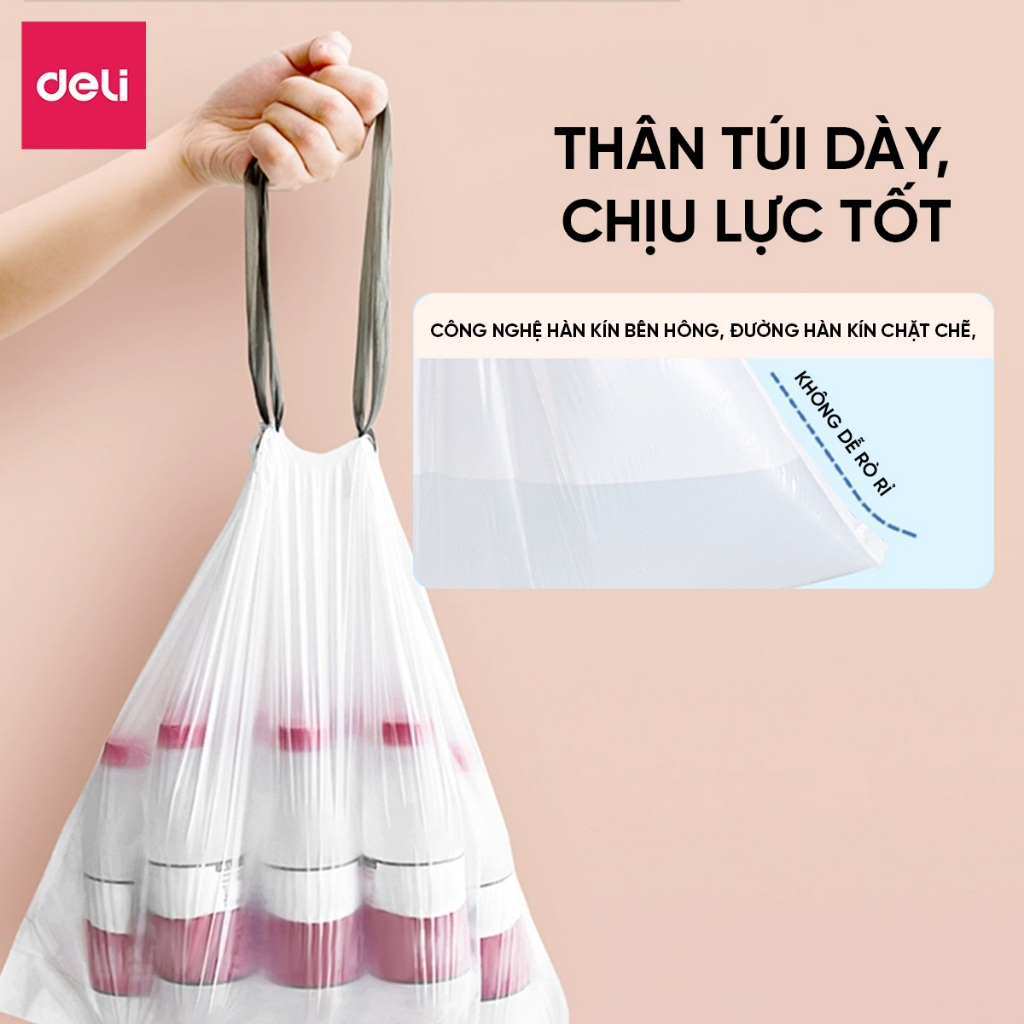 Cuộn Túi Rác Dây Rút Deli Chất Liệu Dày Dặn, Dai, Không Rò Rỉ Chống Rách cho thùng rác 10L 15L 20L Gia Đình/Văn Phòng