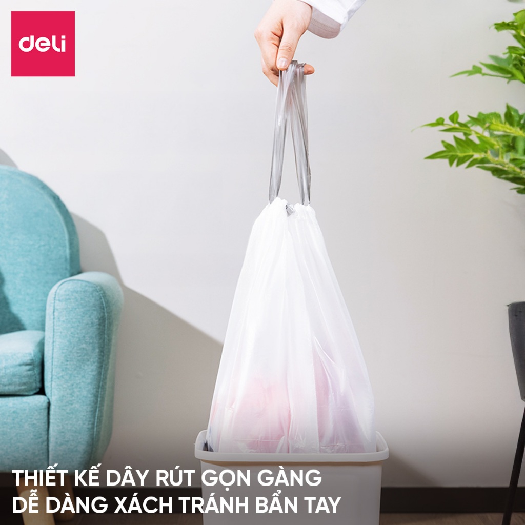 Cuộn Túi Rác Dây Rút Deli Chất Liệu Dày Dặn, Dai, Không Rò Rỉ Chống Rách cho thùng rác 10L 15L 20L Gia Đình/Văn Phòng