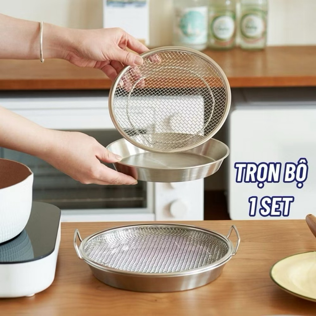 Set Khay Kèm Đĩa, Vỉ Lưới Lọc Dầu Chất Liệu INOX 304 Cao Cấp, Đựng Ráo Dầu Thức Ăn Chiên Rán Lọc Dầu