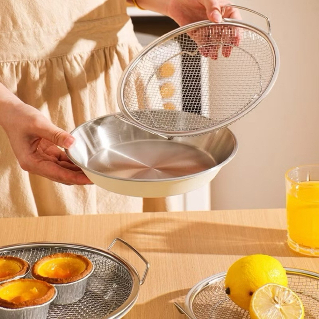 Set Khay Kèm Đĩa, Vỉ Lưới Lọc Dầu Chất Liệu INOX 304 Cao Cấp, Đựng Ráo Dầu Thức Ăn Chiên Rán Lọc Dầu