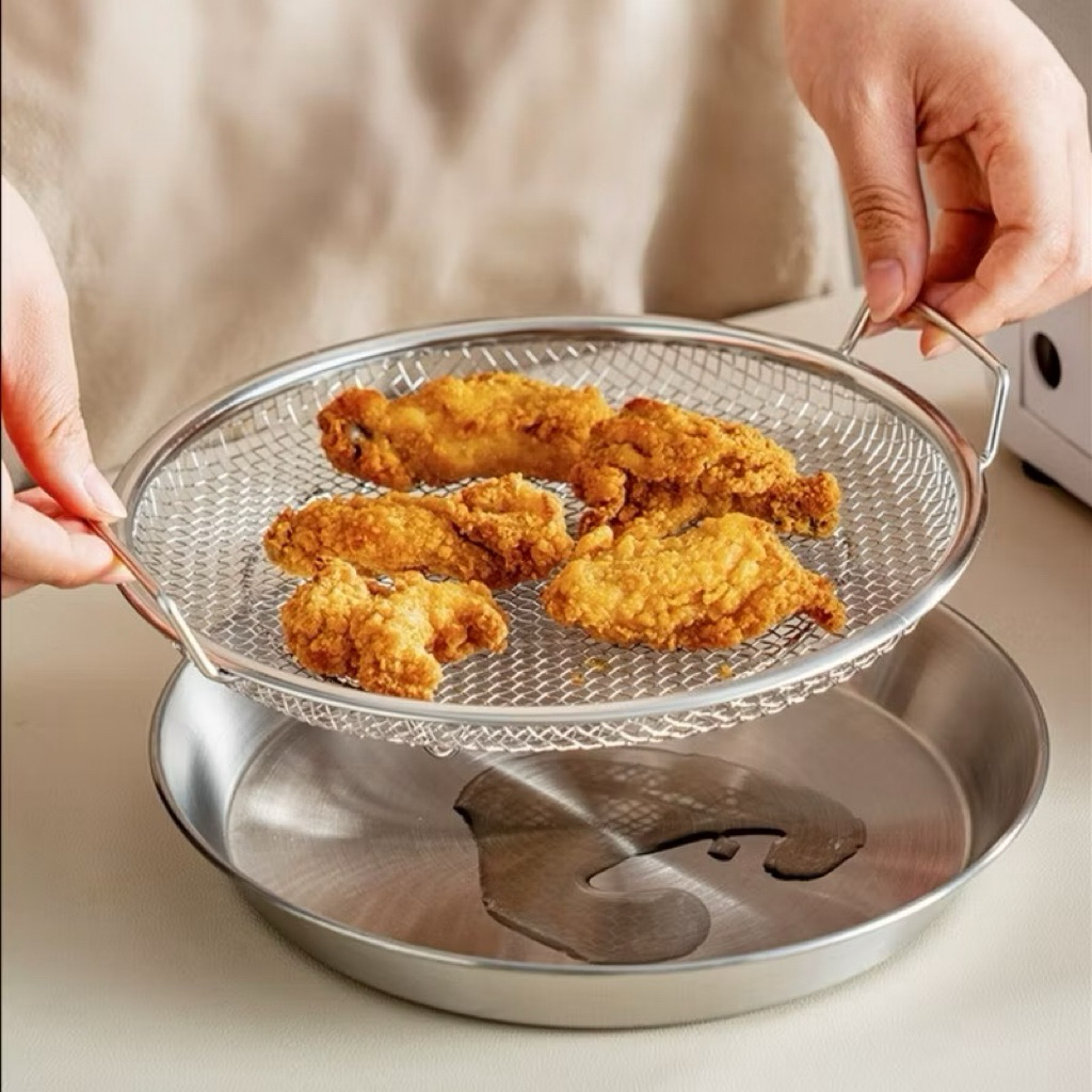 Set Khay Kèm Đĩa, Vỉ Lưới Lọc Dầu Chất Liệu INOX 304 Cao Cấp, Đựng Ráo Dầu Thức Ăn Chiên Rán Lọc Dầu