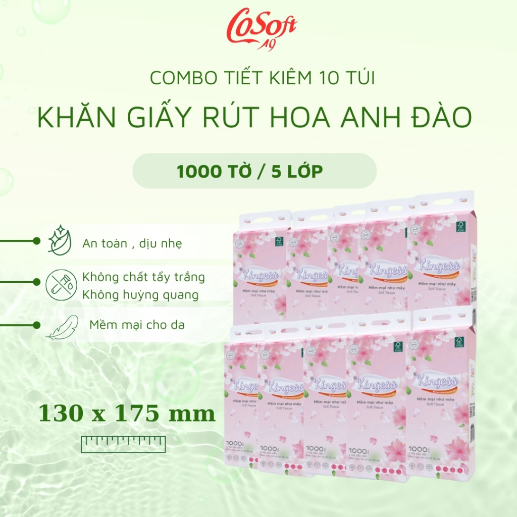 Combo 10 Túi Giấy Rút Treo Tường Kingess Màu Hồng,1000 Tờ-5Lớp-Mềm Mịn-Không Hóa Chất-An Toàn Cho Da