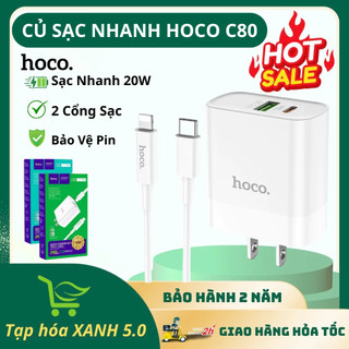 Bộ Sạc Nhanh PD 20W Hoco C80 2 Cổng (USB + Type-C), Củ sạc nhanh 3A, dây 1m, Chân Lingtning và TypeC