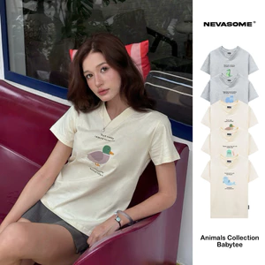 Áo Thun Animal V-Neck Baby Tee Local Brand NEVASOME 2 Màu Basic Cotton 230 gsm Nữ Top Cổ Tròn Women