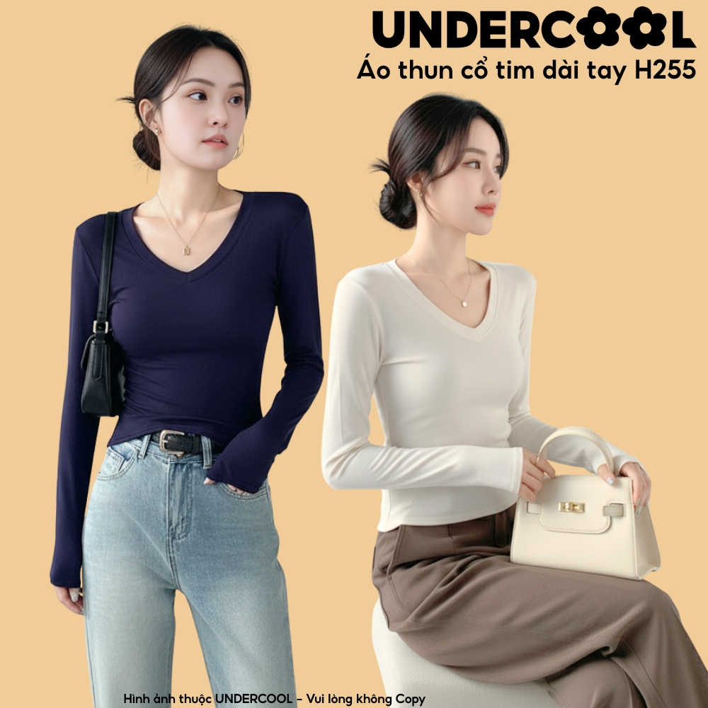 Áo Thun Cổ Tim Dài Tay Nữ UNDERCOOL Ôm Body, Co Giãn, Giữ Ấm, Ôm Body, Basic, Hàn Quốc, Chất Thun Lạnh 9 Màu H255