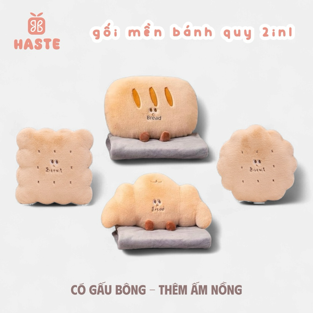 Gối Ôm Ngủ Kèm Mền du Lịch Đệm Ngồi Tựa Lưng Bánh Quy Cookie Croissant Gấu Thú Bông Quà Tặng Êm Ái Dễ Thương