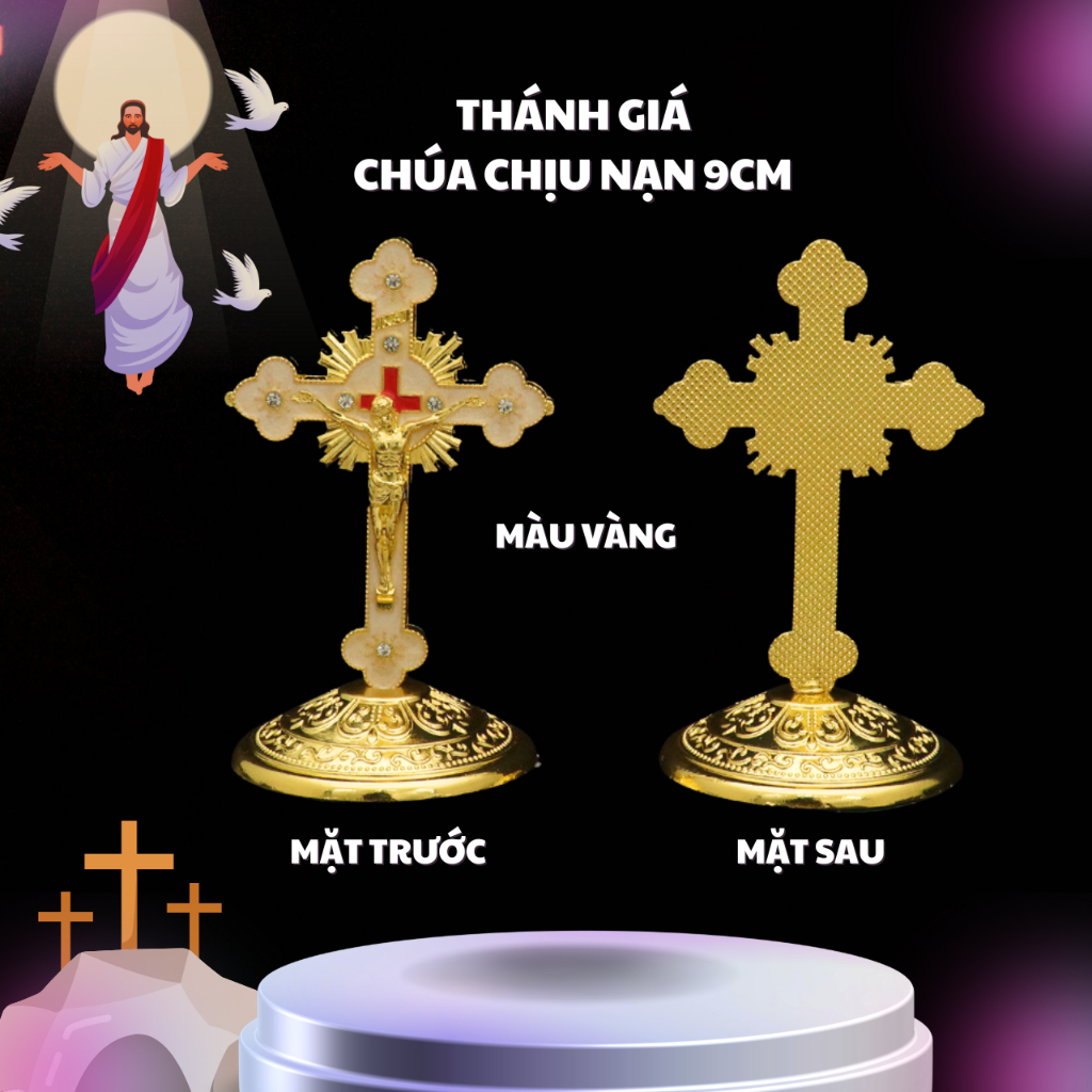 Thánh Giá Chúa Chịu Nạn 9cm. Để Bàn Làm Việc, Bàn Học, Nơi Cầu Nguyện Và Để Trên Ô Tô Có Đế Dán Chắc Chắn