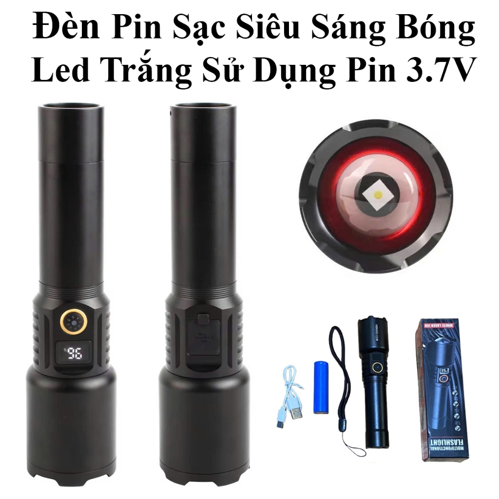 Đèn Pin Sạc Siêu Sáng Hợp Kim Nhôm Bóng Led Trắng Sử Dụng Pin 3.7V Có Zoom Cao Cấp