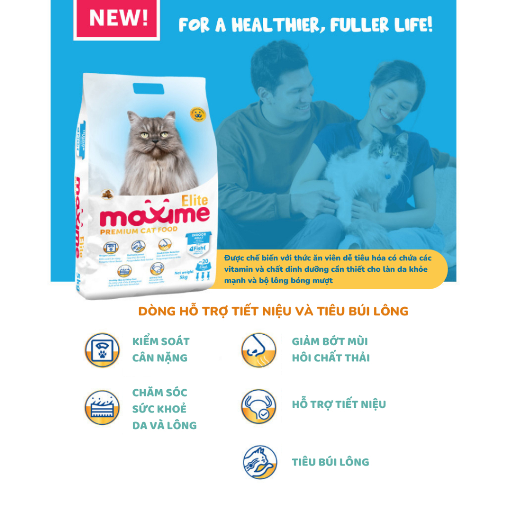 Hạt Cho Mèo Maxime Elite Indoor Fish Gói 1KG Dòng Hỗ Trợ Tiết Niệu, Tiêu Búi Lông