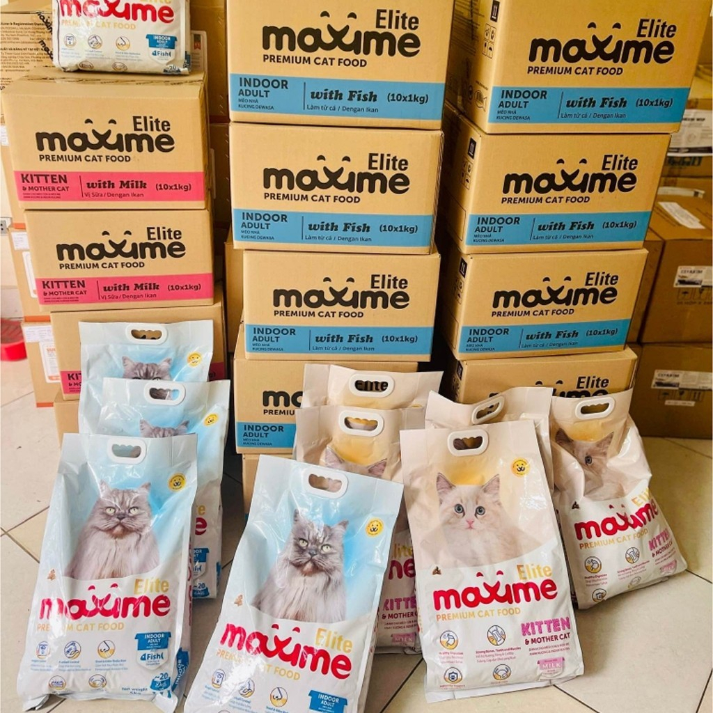 Hạt Cho Mèo Maxime Elite Indoor Fish Gói 1KG Dòng Hỗ Trợ Tiết Niệu, Tiêu Búi Lông