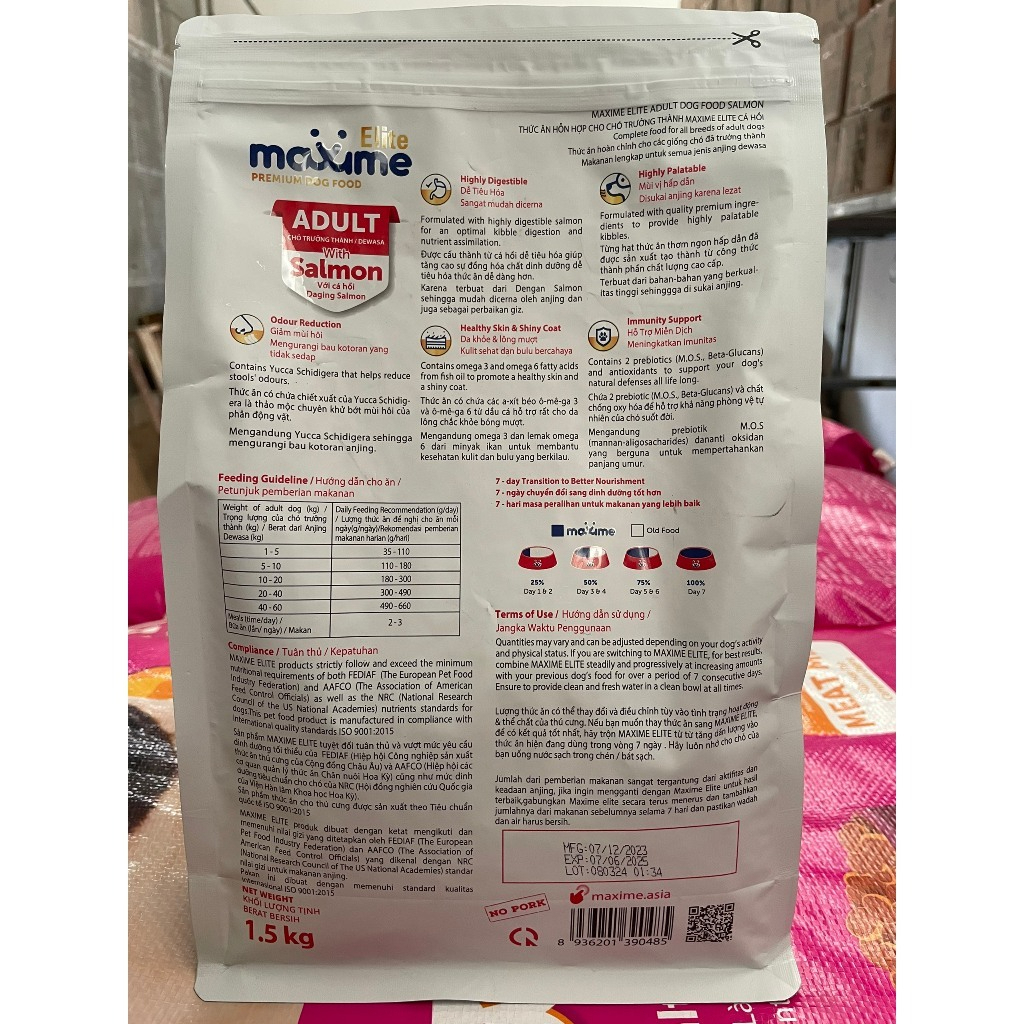 Hạt cho chó Maxime Elite vị cá hồi, hỗ trợ tiêu hóa, chăm sóc da lông cho chó trưởng thành gói 1,5KG