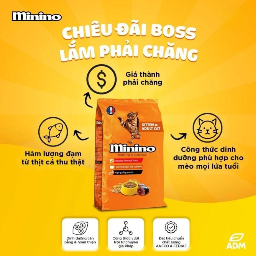 Hạt Cho Mèo Minino Vị Cá Ngừ Cho Mọi Lứa Tuổi Tăng Cường Hệ Miễn Dịch, Gói 480g Và 1.3kg