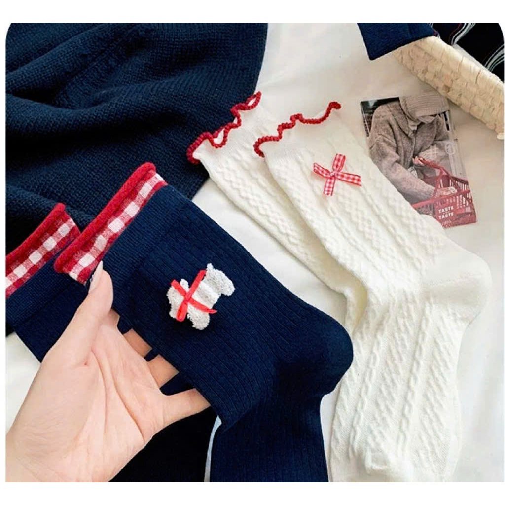 Vớ Tất nữ hình Nơ XANH ĐỎ cổ cao siêu dễ thương, xinh xắn