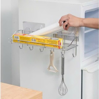 Kệ 6 móc bằng inox nhà bếp treo tường, kệ đựng gia vị phòng bếp đa năng có móc treo đồ tiện dụng không cần khoan đục.