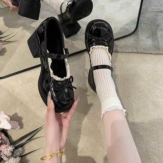 Giày Búp Bê lolita đế vuông cao 5cm chất liệu da bóng phối nơ phong cách pháp mới QC0418