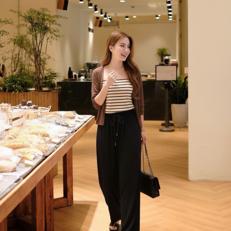 2026[SÉT ÁO QUÂY KẺ- Quần Baggy] Sét 2 áo choàng-quây tăm hàn phối liền kẻ+ quần baggy thô kaki.Đủ size SMLXL 40kg- 70kg
