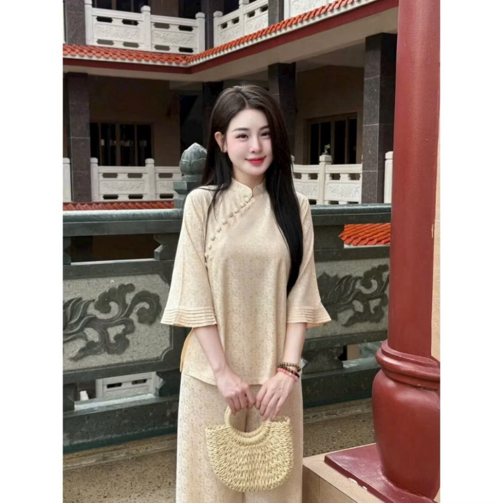 Thiết kế cao cấp Bộ Đồ Lam Đi Chùa Nữ Chất Liệu Terrin Lạnh, Thiết Kế Trơn Sang Trọng và Thanh Lịch | Đồ Lam An Nhiên