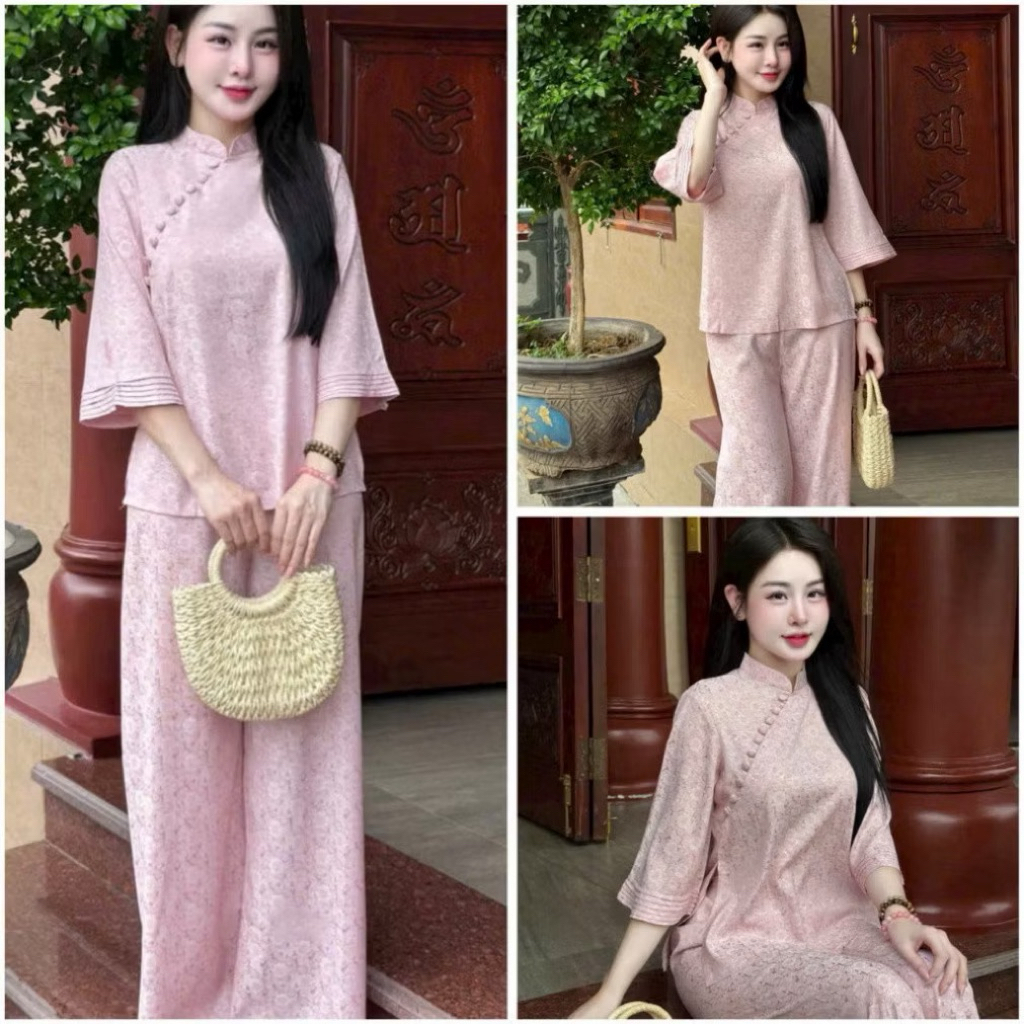 Thiết kế cao cấp Bộ Đồ Lam Đi Chùa Nữ Chất Liệu Terrin Lạnh, Thiết Kế Trơn Sang Trọng và Thanh Lịch | Đồ Lam An Nhiên
