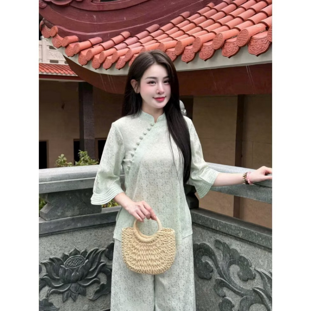 Thiết kế cao cấp Bộ Đồ Lam Đi Chùa Nữ Chất Liệu Terrin Lạnh, Thiết Kế Trơn Sang Trọng và Thanh Lịch | Đồ Lam An Nhiên
