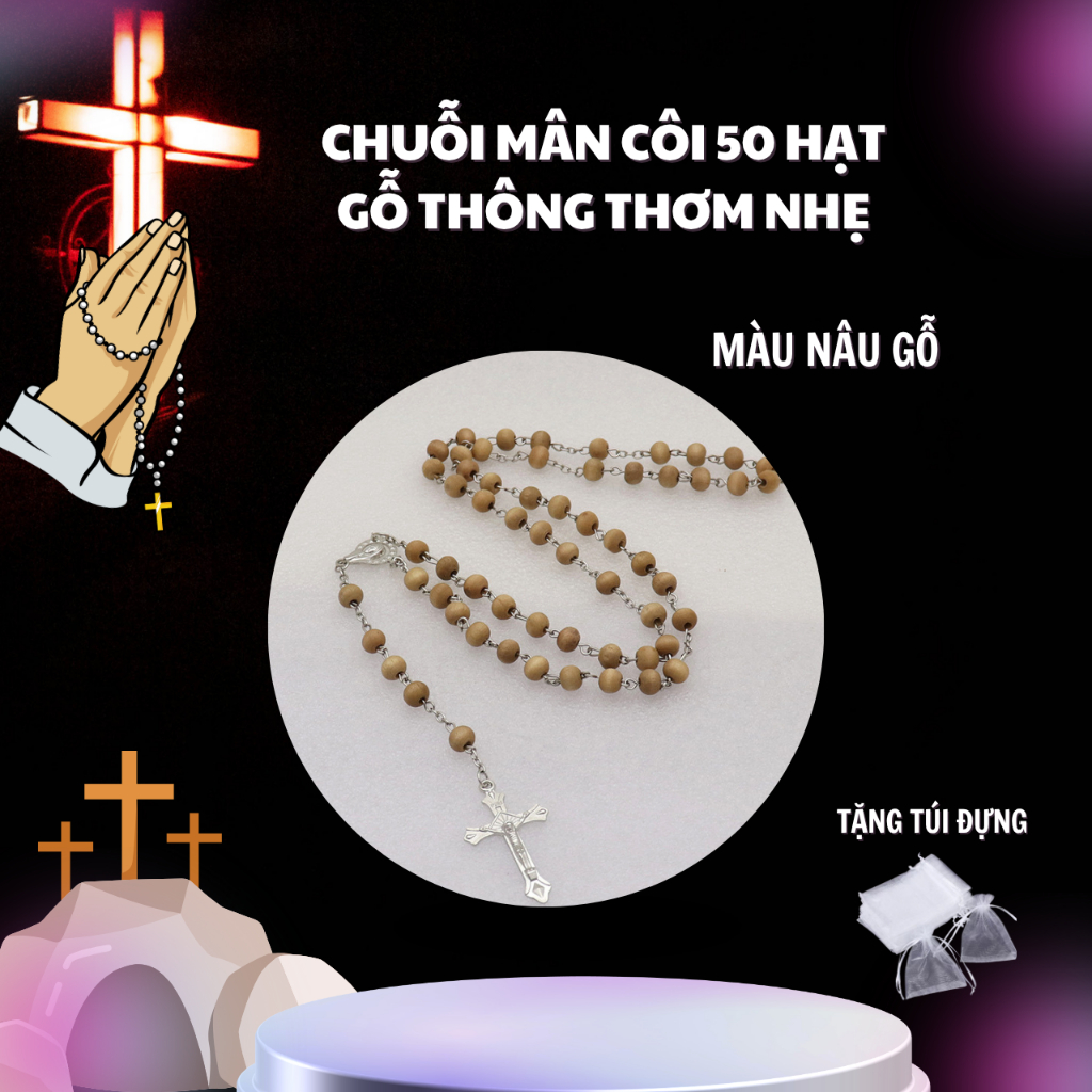 Tràng Hạt, Chuỗi Mân Côi 50 Hạt Gỗ Thông Thơm Nhẹ, Gỗ Thông Tự Nhiên