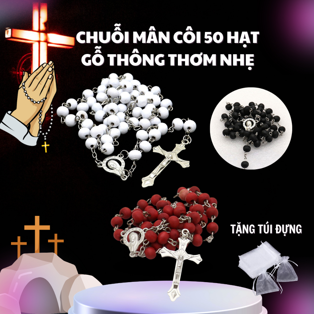 Tràng Hạt, Chuỗi Mân Côi 50 Hạt Gỗ Thông Thơm Nhẹ, Gỗ Thông Tự Nhiên