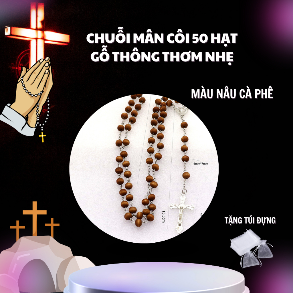 Tràng Hạt, Chuỗi Mân Côi 50 Hạt Gỗ Thông Thơm Nhẹ, Gỗ Thông Tự Nhiên