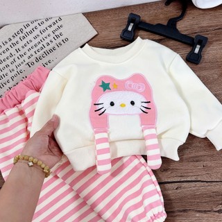 Bộ thu đông chất nỉ lót lông mềm mịn siêu ấm thêu mèo lót bông bé gái đi học đi chơi xinh xắn 8-30kg