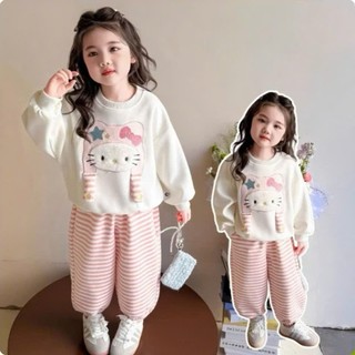 Bộ thu đông chất nỉ lót lông mềm mịn siêu ấm thêu mèo lót bông bé gái đi học đi chơi xinh xắn 8-30kg
