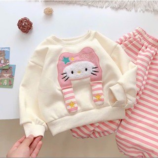 Bộ thu đông chất nỉ lót lông mềm mịn siêu ấm thêu mèo lót bông bé gái đi học đi chơi xinh xắn 8-30kg